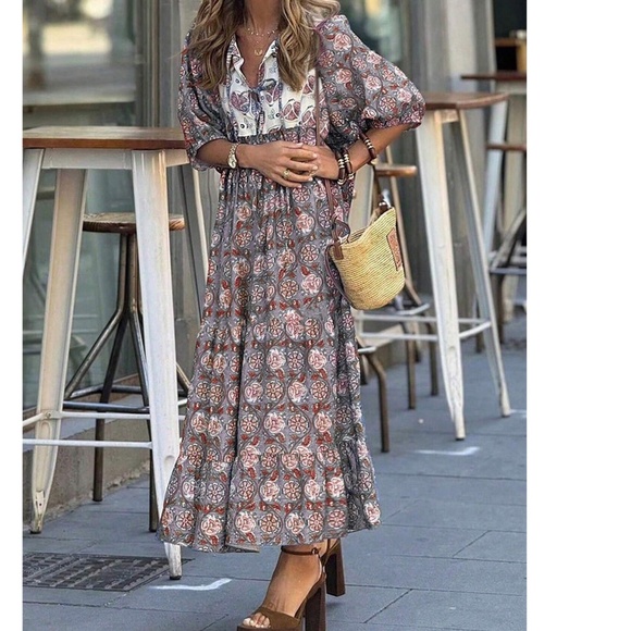 Boho Floral Print Neck Tie Puff Short Sleeve Midi Dress - Picture 2 of 5
